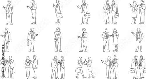 Minimal line art business people standing and talking, professional men and women characters, corporate communication, teamwork, office illustration set collection