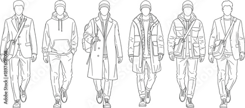 Minimal line art illustration of men walking in winter and casual outfits modern fashion silhouettes for urban lifestyle branding