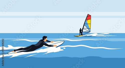 Dynamic Ocean Sports Two Figures Engage In Surfing And Windsurfing