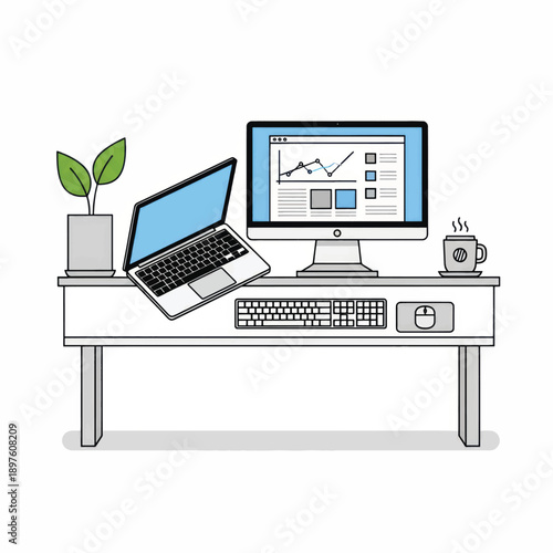 Modern workstation setup with laptop monitor and plants on a tidy desk.