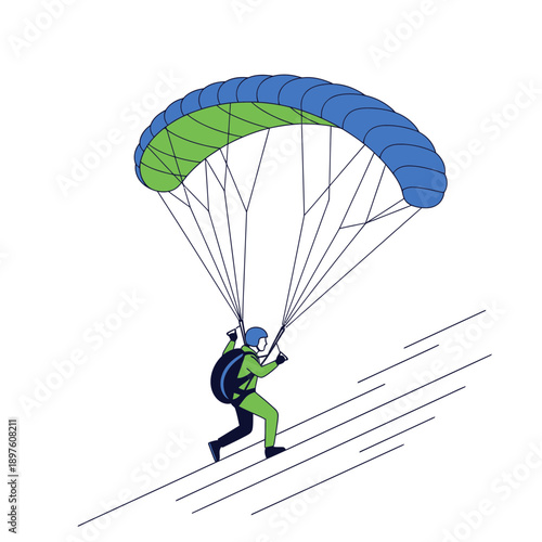 Dynamic Paraglider Descends with Vibrant Canopy Against Streaks