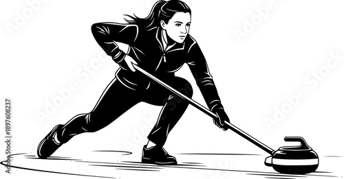 Female Curling Player Silhouette Winter Sport Vector
