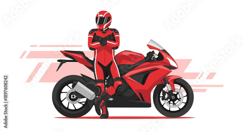 Dynamic Rider Poses with Sleek Red Sportbike Graphic Art