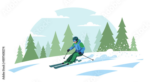 Dynamic Skiing Action In A Snowy Winter Forest Landscape Scene