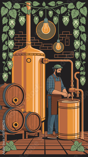 Bearded brewer working at beer brewery with copper tanks oak barrels and hop vines craftsman operating brewing equipment in craft beer production facility for beverage industry marketing and advertisi