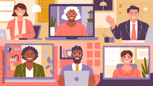 Diverse business team video conferencing online meeting on laptop computers remote working from home office workspace professional employees in virtual communication for global collaboration business