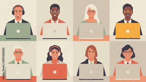 Diverse group of people working remotely on laptops in online meeting professional team video conference call modern virtual collaboration for business communication technology corporate presentations