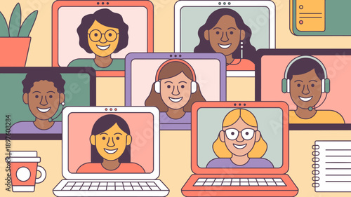 Diverse people in online video conference meeting on laptops chatting remotely vector illustration for virtual communication global business team collaboration modern workspace technology presentation