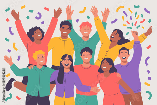 Diverse group of cheerful young people celebrating success with confetti falling successful team raising hands in celebration happy multiracial friends enjoying party together for teamwork achievement