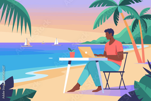 Freelance man working remotely on laptop at tropical beach paradise destination with palm trees and sailboats digital nomad lifestyle concept for summer vacation travel business presentations or adver