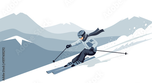 Dynamic Skiing Action In Snowy Mountain Landscape Illustration