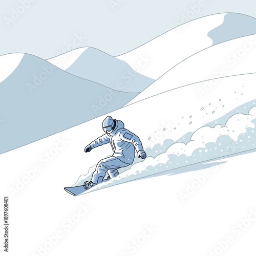 Dynamic Snowboarder Carving Down Snowy Mountain Slope