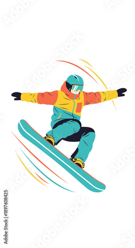 Dynamic Snowboarder Executing a Mid-Air Jump With Colorful Swirls