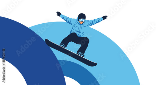 Dynamic Snowboarder Performing A Trick Mid-Air With Abstract Blue Curves
