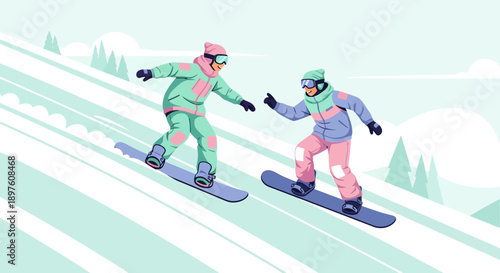 Dynamic Snowboarding Duo Carving Down Snowy Slopes