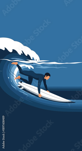 Dynamic Surfer Riding a Crashing Ocean Wave With Skillful Balance