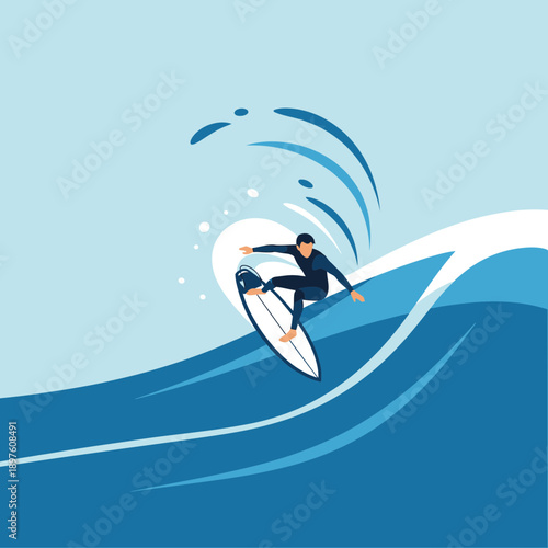 Dynamic Surfer Riding A Crashing Ocean Wave In A Stylized Illustration