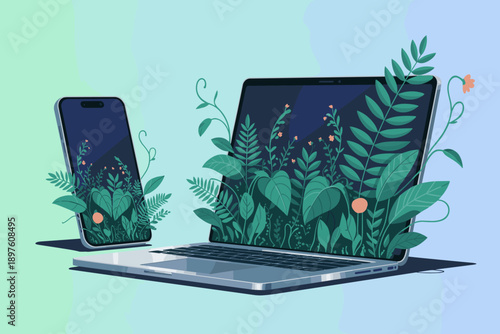 Modern laptop and smartphone displaying vibrant green plants and flowers illustration symbolizing growth and nature connection eco friendly technology concept for environmental awareness campaigns dig