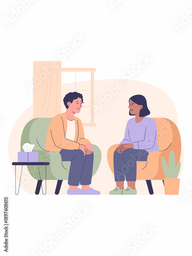 Friendly diverse man and woman sitting in chairs having conversation in cozy room illustration therapeutic support concept for mental health awareness advertising campaign psychology and counseling se