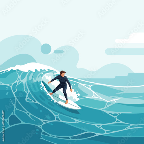 Dynamic Surfer Riding Blue Ocean Wave in Stylized Art