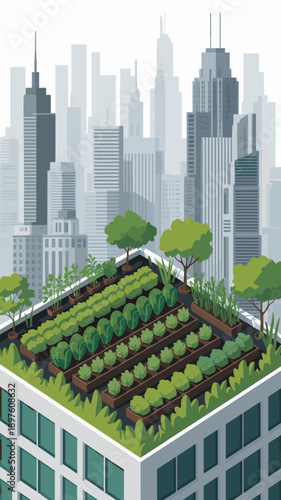 Urban rooftop garden growing vegetables and herbs on building roof in city skyline sustainable agriculture vertical farming illustration for environmental awareness corporate social responsibility pro
