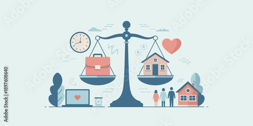 Balancing work life and home life illustration showing briefcase and house on scales for financial planning and lifestyle balance presentation for corporate wellness programs and employee benefits for