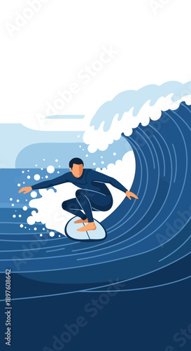 Dynamic Surfer Riding Massive Ocean Wave In Action