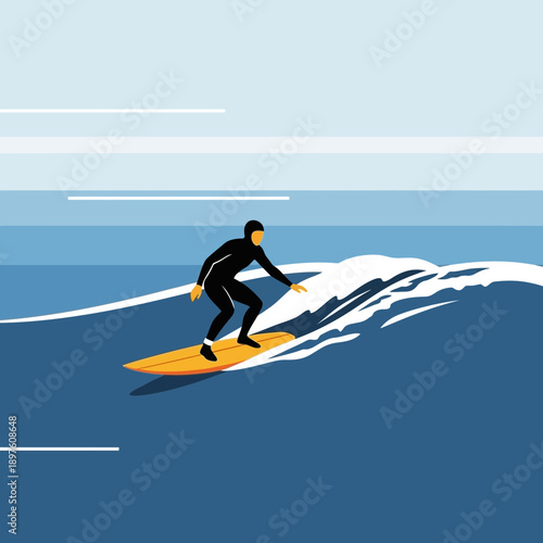 Dynamic Surfer Riding Ocean Wave Action Sport Minimalist Design Style