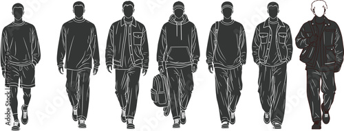 Modern menswear walking silhouettes fashion illustration set casual urban outfits hoodie jacket pants minimal vector style lineup contemporary streetwear design