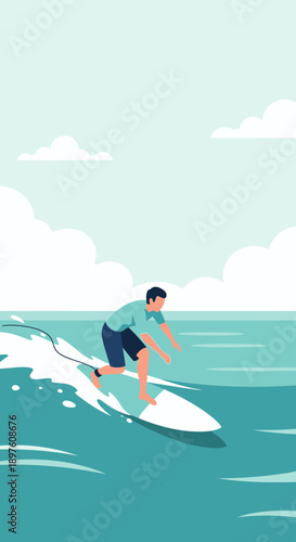 Dynamic Surfer Riding Waves On A Bright Sunny Day