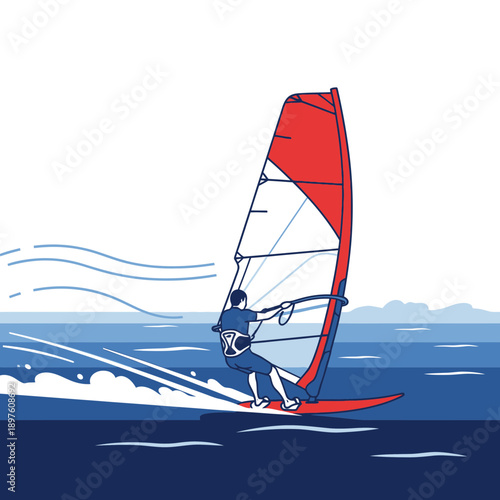 Dynamic Windsurfer Catching Waves On A Sunny Day For Extreme Sports