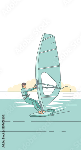 Dynamic Windsurfer Gliding Across Calm Waters Under a Hazy Horizon