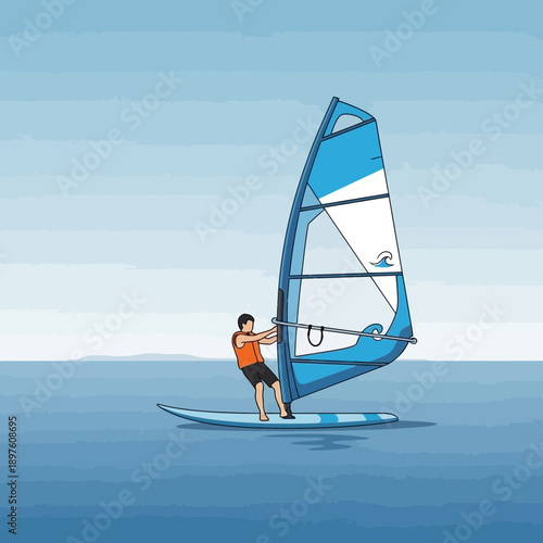 Dynamic Windsurfer Gliding Across Calm Azure Waters With Blue Sail