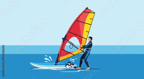 Dynamic Windsurfer Catching Waves In A Colorful Sail
