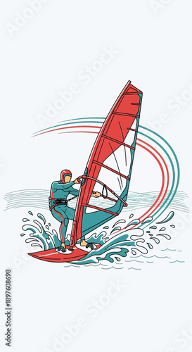 Dynamic Windsurfer Catching Waves With Vibrant Sail
