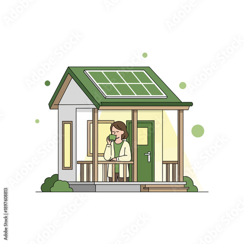 Eco-Friendly Home with Solar Panels and Relaxing Resident Enjoying Beverage