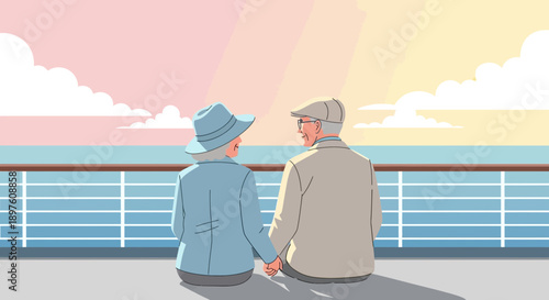 Elderly Couple Holding Hands Enjoying Scenic Cruise Sunset View