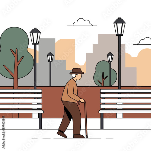 Elderly Gentleman Strolling Through a Serene Urban Park Scene