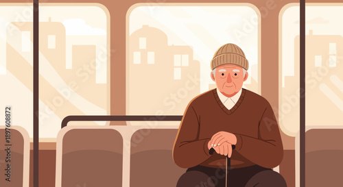 Elderly Gentleman Contemplating Urban View From Vehicle Window