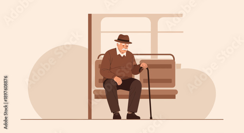 Elderly Gentleman Waiting Patiently On A Public Transport Seat
