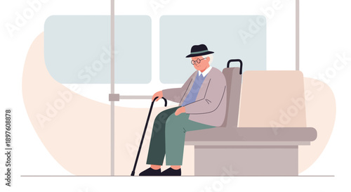 Elderly Gentleman Traveling On Public Transportation With His Cane