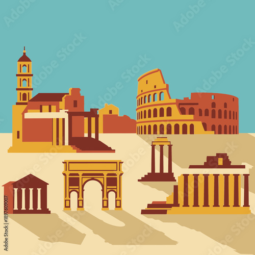 Stylized illustration of famous Roman landmarks including the Colosseum and Arch of Constantine.