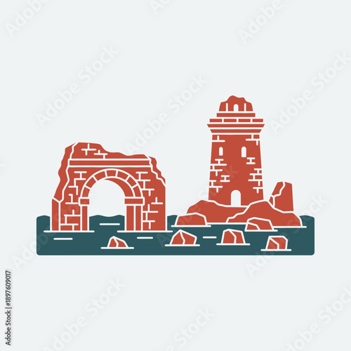 Illustration of ancient ruins with an archway and a tower by the water.