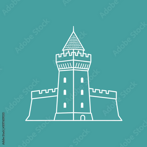 Illustration of a castle tower with battlements and a pointed roof.