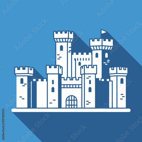 Illustration of a medieval-style castle with towers and a drawbridge.
