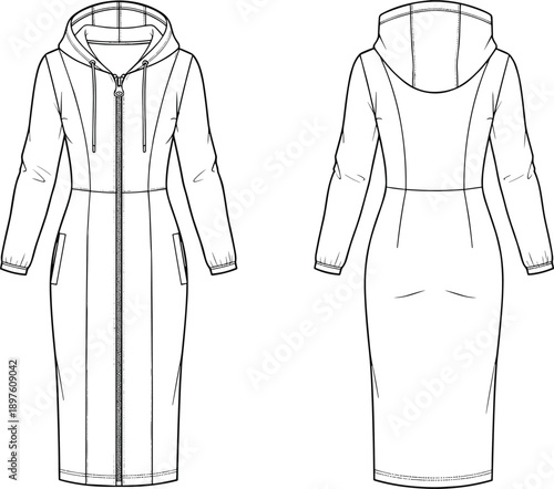 Women long hoodie dress technical fashion illustration front and back view zip up casual outerwear flat vector design