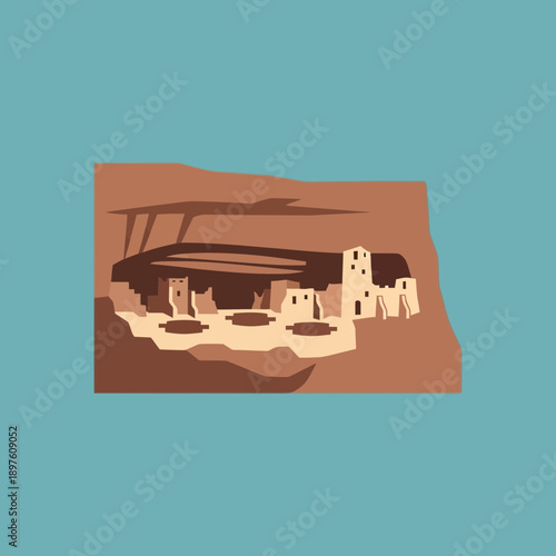 Illustration of ancient cliff dwellings built into a canyon wall.