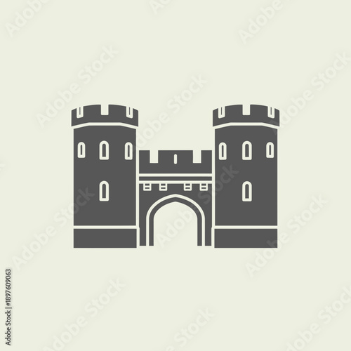 Illustration of a medieval castle with two towers and a central gate.