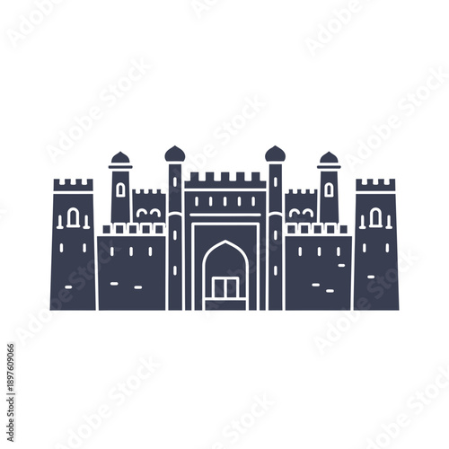 Illustration of a medieval castle with towers and a central gate.