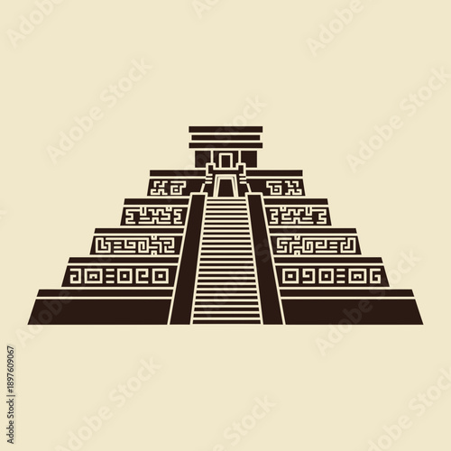 Simplified illustration of an ancient Mayan pyramid with steps and decorative patterns.
